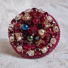 Bague Enchantement d'Automne avec des perles nacr&eacute;es rouges et des cristaux